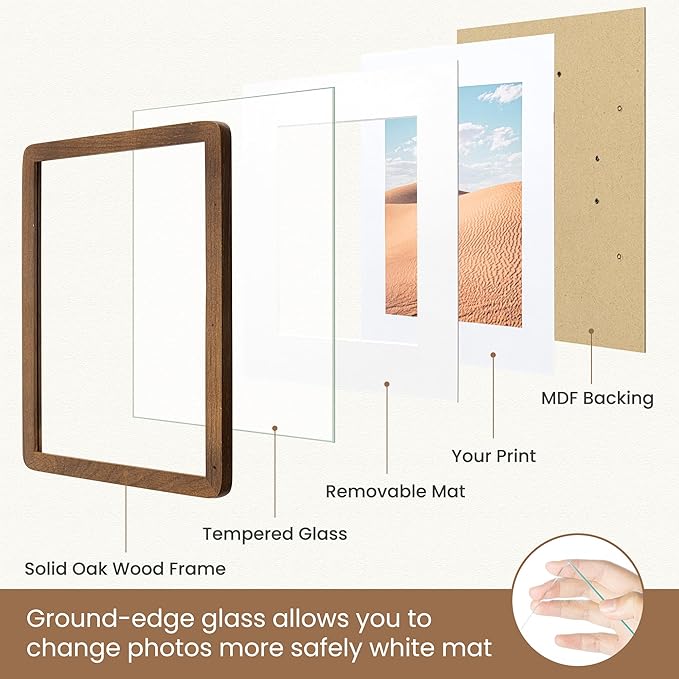 12x16 Picture Frame, Solid Oak Wood Photo Frame with Mat for 8.5x11, Round Corner 12 x 16 Matted Picture Frames with Resistant Plexiglass for Wall Mounting or Tabletop, Walnut Color, Set of 1