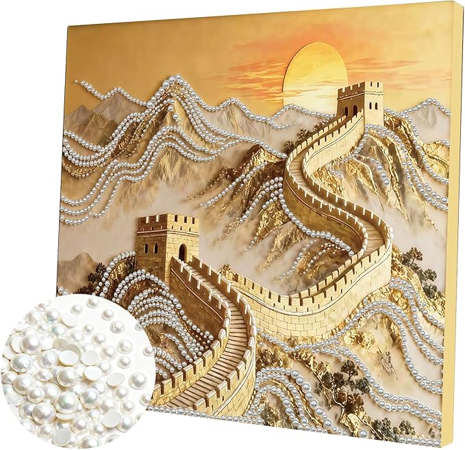 DIY Pearl Painting Kit with Wooden Frame, 3D Plastic Pearl Gemstone Ocean Art Craft for Adults Beginners, Diamond Art Kits for Adults, Home Wall Decor Ready Gift for Women(Great Wall)(30 * 30cm)