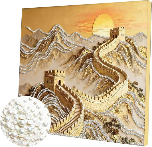 DIY Pearl Painting Kit with Wooden Frame, 3D Plastic Pearl Gemstone Ocean Art Craft for Adults Beginners, Diamond Art Kits for Adults, Home Wall Decor Ready Gift for Women(Great Wall)(30 * 30cm)