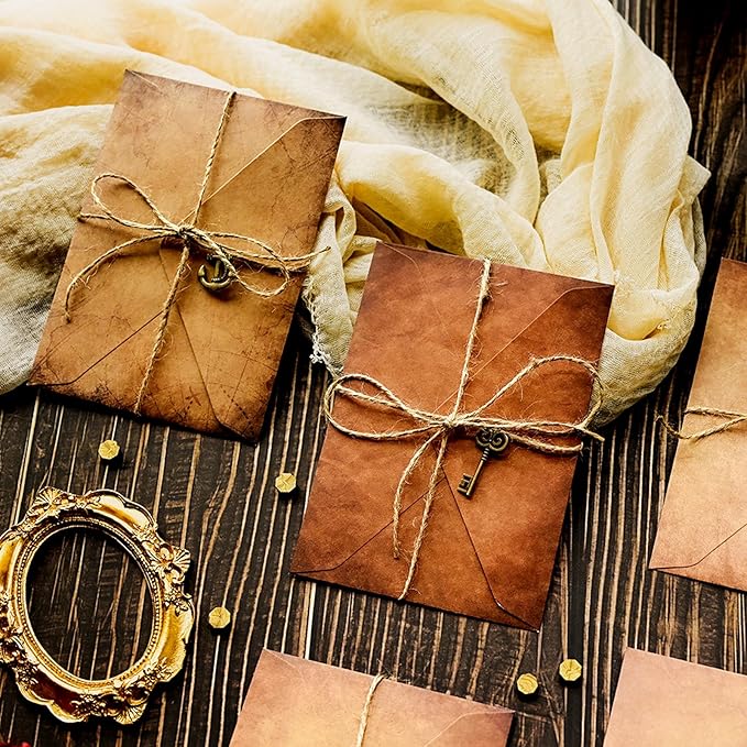 Vintage Stationery Paper and Envelopes Set,Writing Stationery Paper Letter and Envelopes including 24 Sheets Aged Antique Letter Paper, 12 Vintage Envelopes, 12 Rope & 12 Classic Key(60PCS, 6 Style)