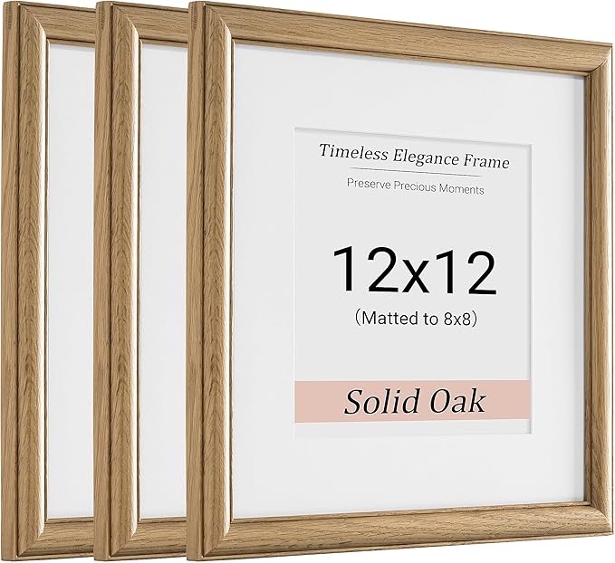 Heimlove 12x12 Picture Frame,12 x 12 Solid White Oak Square Photo Frame with Tempered Glass,12"x12" Handcrafted Wood Frame Matted to 8x8 Photos for Wall Hanging Photo Frame Art Photo and Prints,3 Pack