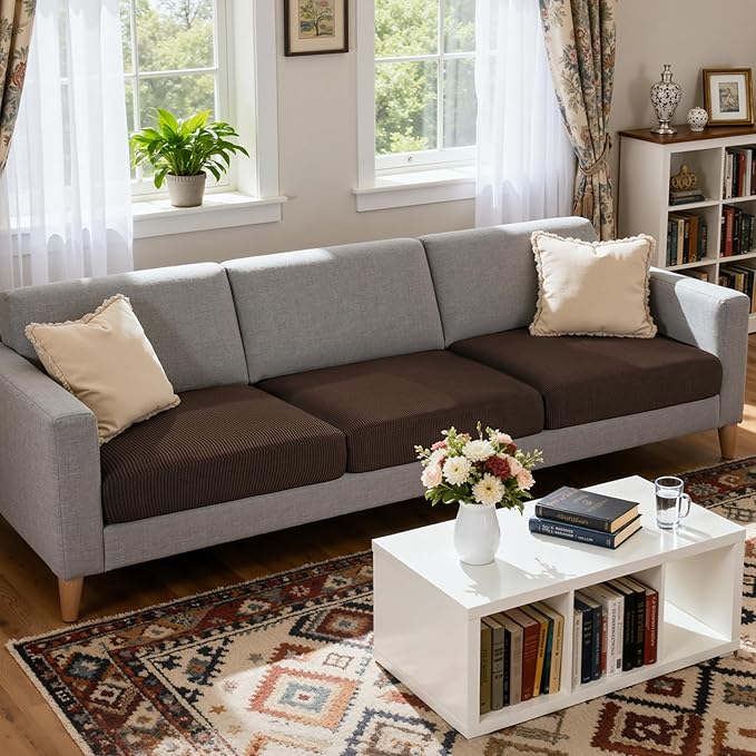 CHUN YI 3 Piece Couch Cushion Covers for XL-Sofa Seat Slipcovers Suitable with Spandex Jacquard Washable Fabric (3 Piece XL-Sofa Cushion Covers, Chocolate)