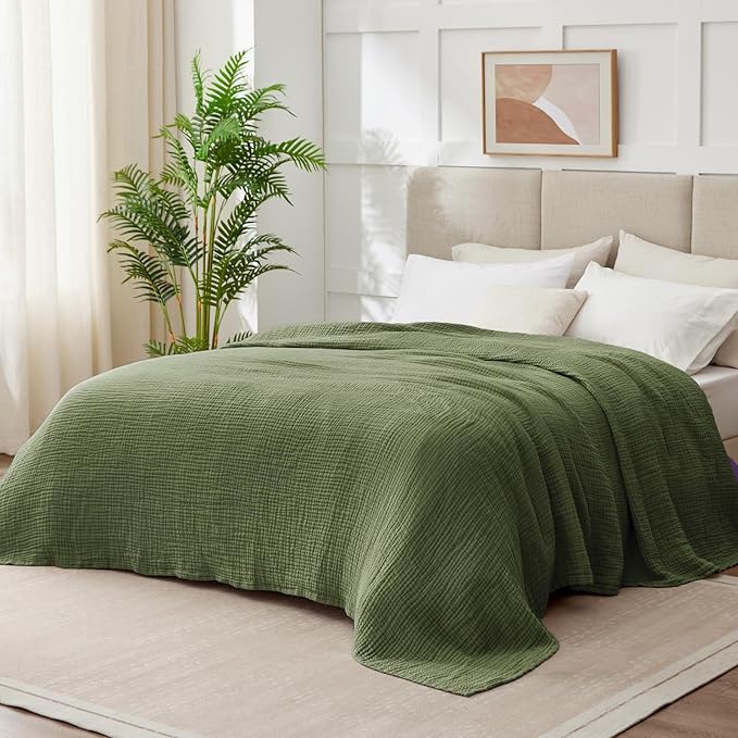 100% Cotton Muslin Blanket King 108" x 90", Breathable and Lightweight Cotton Throw Blanket for Bed, Soft Cooling Summer Gauze Blanket for Adults All Season, Olive Green