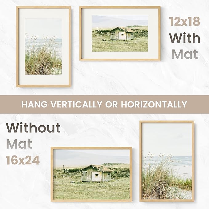 16x24 Poster Frame, USA-Sourced Natural Beech Wood Picture Collage Frame with HD Tempered Glass, Modern Simple 16 x 24 Wooden Photo Frame Matted to 12x18, Vertical & Horizontal Wall Hanging Display