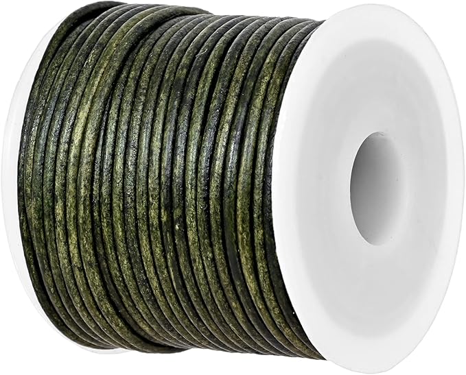 GENIQUE Real/Genuine Round Leather String Cord for Necklace, Bracelets, Jewelry, Kumihimo Braiding, DIY Projects (20 Metres) (1.5mm, Green Distressed)