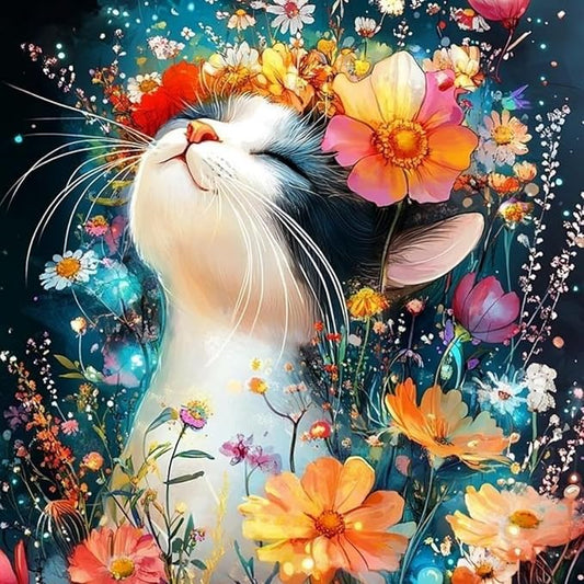Mosaflare 5D Diamond Painting Kits for Adults, Cat Flowers Diamond Art for Beginners, DIY Full Round Drill Paint by Diamonds Dot Gem Art for Adults, Home Wall Decor 13.7x13.7 Inch