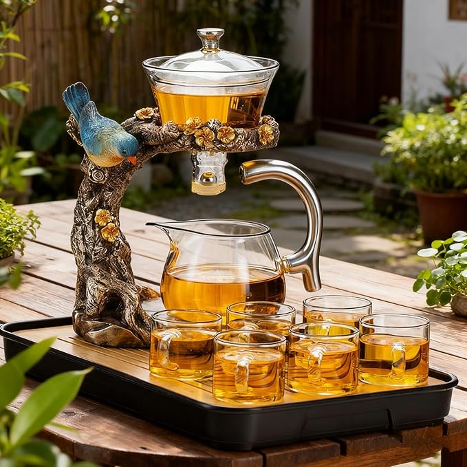 Lazy Kungfu Glass Tea Set Heat Resistant Semi Automatic Drip Rotating with Infuser Magnetic Teapot Set for Gongfu Tea Making Ideal (Blue Bird)