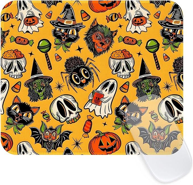Seorsok Halloween Funny Pumpkin Mouse Mat,Skeleton Skull Decor Mouse Pads for Office Laptop,Washable Square Mousepads with Extended Stitched Edges Non Slip Rubber Base 9.5"x7.8"x0.12" Inch,Yellow