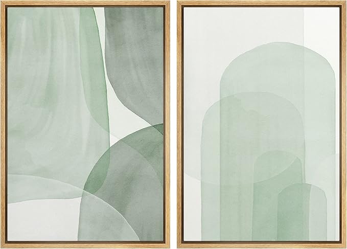 SIGNWIN Framed Canvas Print Wall Art Set Pastel Watercolor Green Polygon Collage Abstract Shapes Illustrations Modern Art Minimal Boho Colorful for Living Room, Bedroom, Office - 24"x36"x2 Natural