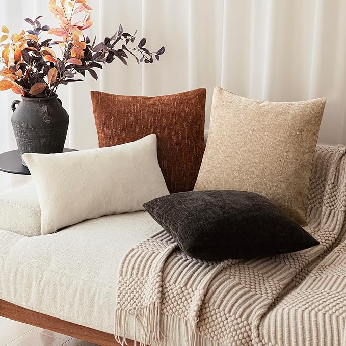 Foindtower Pack of 2 Soft Textured Chenille Throw Decorative Pillow Covers Square Accent Solid Cushion Cover Cozy Neutral Farmhouse Pillow Case for Couch Sofa Bedroom Living Room 18x18 Inch,Red Taupe