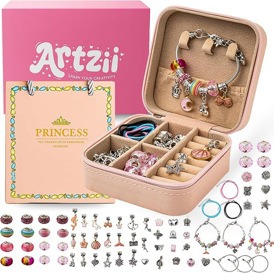 ARTZII Bracelet Making Kit All in One Art Kits for Kids – Princess Jewelry Bracelet Charms Beads for Bracelets Craft Kits – Fun and Easy Jewelry Making Supplies for Girls, Teens – Includes Case