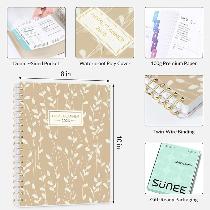 SUNEE Home Planner 2026, Work from Home Planner w/Stickers, JAN 2026 - DEC 2026, Monthly Budget Planner, Checklists for Routines and Goals, Monthly Calendar, Gift-Ready Pack, Poly Laminated Cover,Vine
