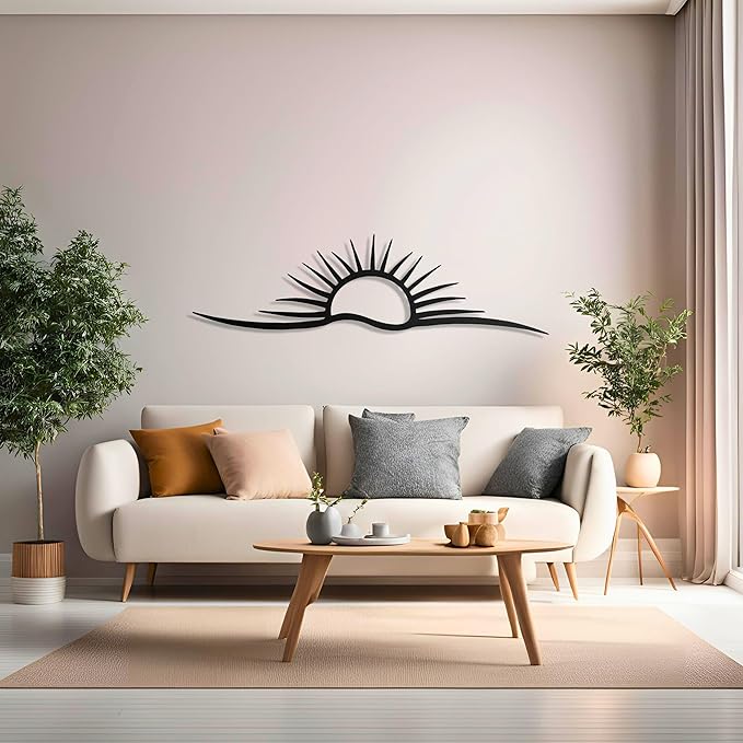 pluviart Sunrise & Wave Metal Wall Art – Modern Sun Wall Decor for Living Room, Minimalist Large Wall Hanging, Home Decoration – Gift for Him, Christmas Gift (60"x17")