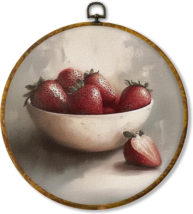 Hiuwevt Vintage Moody Strawberry Round Wall Art Decor, Dark Academia Strawberry Framed Canvas Prints, Farmhouse Rustic Fruit Round Wall Hanging Decor for Kitchen Home Bedroom Decorations, 10x10 Inches