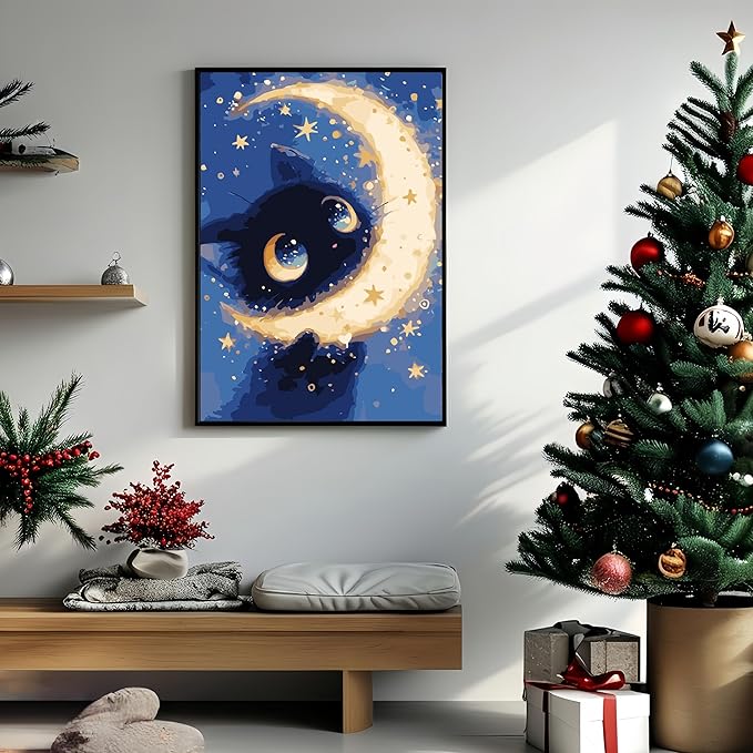 Painting by Numbers Kit for Adults Beginner,Black Cat Color by Numbers for Adults,Starry Moon Adult Paint by Number Kits on Canvas,Paint by Numbers Easy Oil Painting for Home Wall Decor 11.8X15.7 Inch