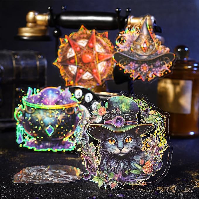 60 PCS Holographic Gold Foil Gothic Witch Stickers – Clear Dark Magic Astrology Scrapbook Stickers for Journaling, Wicca, Planner, Witchcore Aesthetic, Vintage Book & Crystal Cat, Witchcraft Supplies