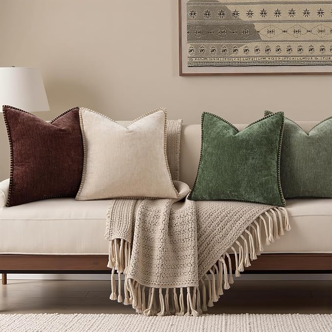 decorUhome Spring Chenille Soft Throw Pillow Covers 12x20 Set of 2, Lumbar Velvet Farmhouse Neutral Decorative Pillow Covers with Stitched Edge for Couch Sofa Bed Home Decor, Chocolate
