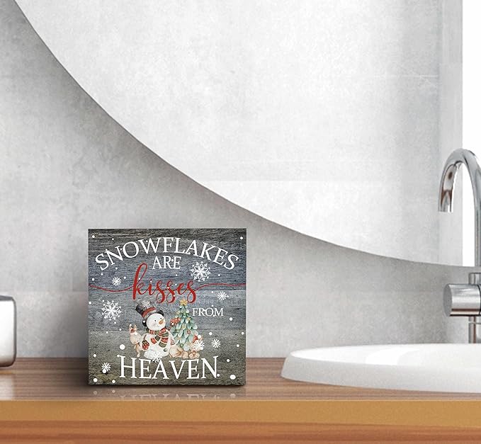 SRADMO Christmas Snowflakes are Kisses from Heaven Wood Box Sign Desk Decor, Winter Signs Box Sign Decoration for Home Office, Snowman Decor Signs Plaques