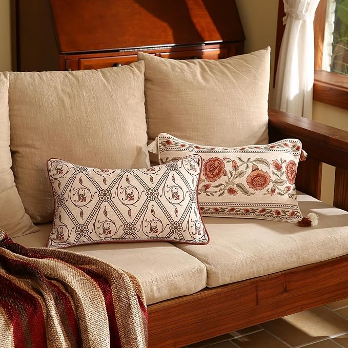 ISAENNE Design Linen Square Rectangle Vintage Throw Pillow Covers Set of 4, Red Euro Cushion Covers with Orange Floral Green Leaves Pattern Decor Pillowcases for Bed,Living Room,Outdoor,Car