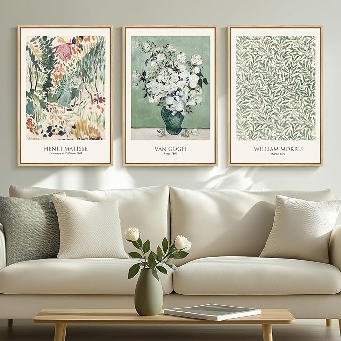 Framed Large Matisse Wall Art for Living Room, 3 Pieces Vintage Sage Green Canvas Painting Artwork for Walls, Botanical Wall Art Prints for Bedroom, Guest Room, Hallway, Home Office Wall Decor, 16x24