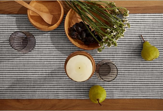 Solino Home Linen Table Runner 36 Inches - Narrow Stripe 100% Pure Linen Black and White Farmhouse Table Runner 14 x 36 Inch Ideal for Dresser and Coffee Tables - Winter, Spring, Easter