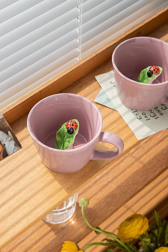 DIHOclub Ceramic Ladybug Cup Hidden 3D Animal Inside Mug，Garden series Handmade Figurine Mugs 12OZ(Pink purple)