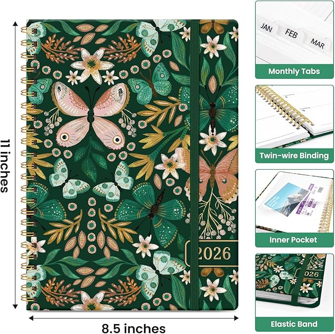 2026 Planner, Weekly and Monthly Calendar Planner for Women, Jan 2026 - Dec 2026, Hardcover Planning Agenda book with Tabs, Spiral Bound, Inner Pocket, Perfect for School Office Supplies, 8.5" x 11" - Butterfly