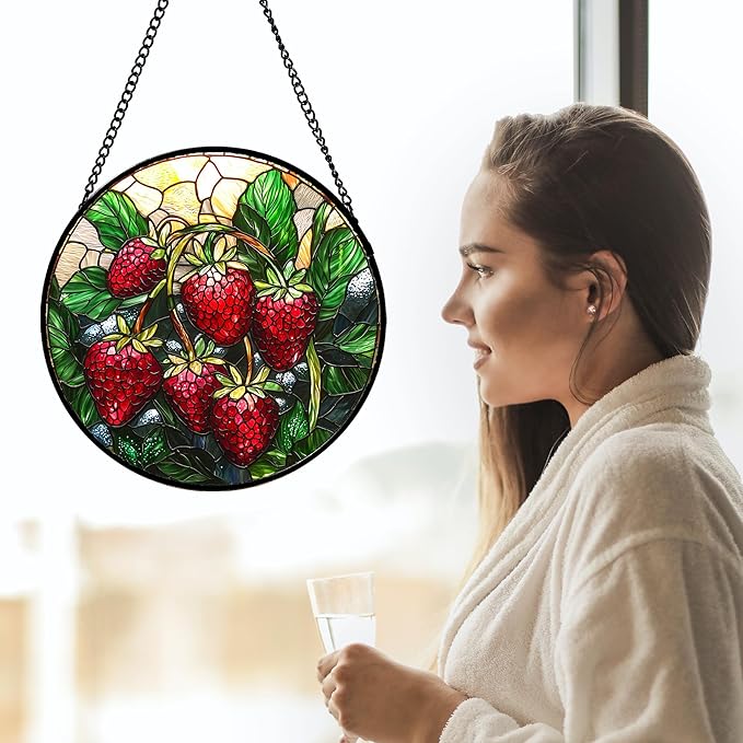 Stained Glass Suncatcher, Red Strawberry Green Leaf Sun Catcher Silver Background Stain Glass Window Hanging Decoration Mother's Day Birthday Gifts for Women Men Mom Nana 9.8 in