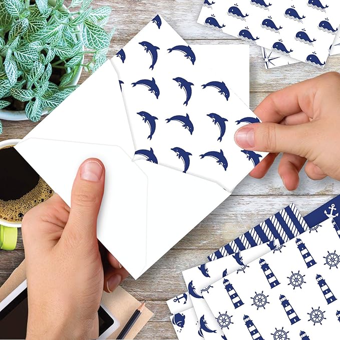 The Best Card Company - 10 All Occasion Blank Cards (4 x 5.12 Inch) - Nautical, Ocean, Sea Life Assortment of Notecards - Oceano-Graphix M3077