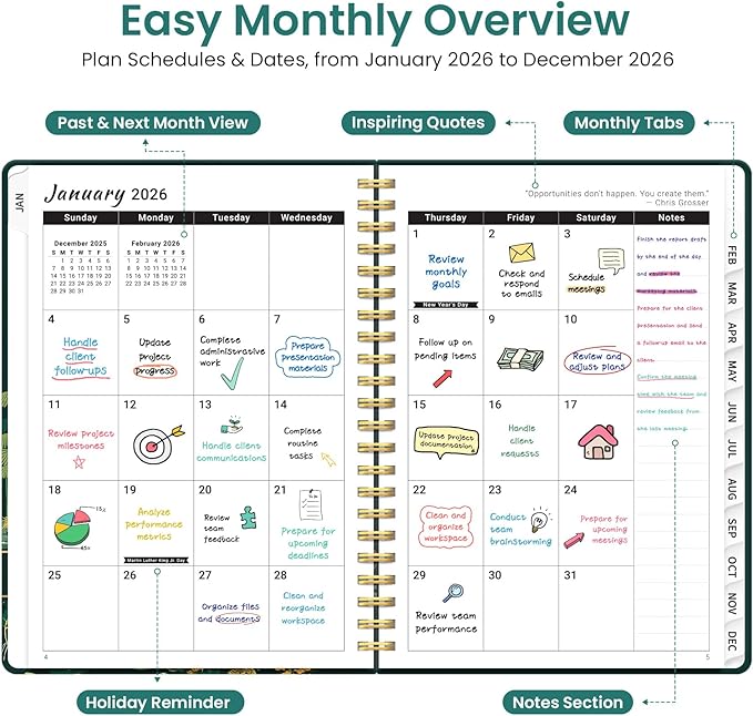 2026 Planner, Weekly and Monthly Planner for Women, January 2026 to December 2026, Pretty Hardcover 2026 Calendar Planner Book with Tabs, Inner Pocket, Spiral Bound, Perfect Office Home School Supplies - 8.5" x 11", Enchanted Forest