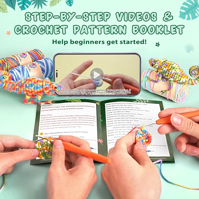 Crochetta Crochet Kit for Beginners, Crochet Starter Kit w Step-by-Step Video Tutorials, Beginner Crochet Kit for Adults Kids Women Men Complete Kit Included (4 Chameleons Family)