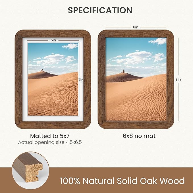 Dreamland 6x8 Picture Frame Set of 3, Solid Oak Wood Photo Frame with Mat for 5x7, Round Corner 6 x 8 Matted Picture Frames with Resistant Plexiglass for Wall Mounting or Tabletop, Walnut Color