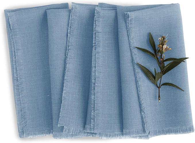 Solino Home Fringe Linen Napkins Set of 4-100% Pure Linen Dusty Chambray Blue Dinner Napkins 20 x 20 Inch for Winter, Spring, Easter - Handcrafted and Machine Washable