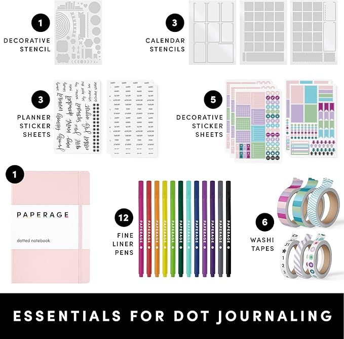 PAPERAGE Bullet Journal Kit, Dotted Journaling Set & Stationary Kit, Hardcover Dotted Journal Notebook (Sage Green), 12 fineliner Pens, 8 Sticker & 3 Stencil Sheets, 6 Washi Tapes