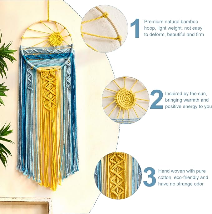 Mcrame Blue Sun Boho Wall Hanging Tapestry Sunset Art, Boho Woven Tapestry Big Dream Catcher Colorful Decor for Bedroom, Living Room, Nursery