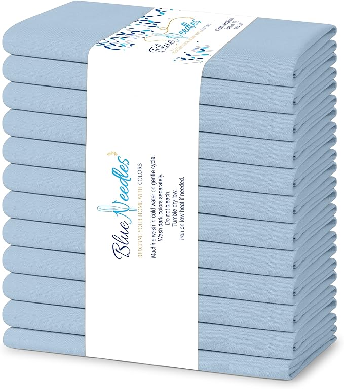 Blue Needles Solid Cloth Napkins Set of 12 Ice Blue 100% Cotton Dinner Napkins 18x18 inches - Soft, Reusable, Absorbent & Washable Linen, Ideal for Christmas Events, Parties & Everyday Use
