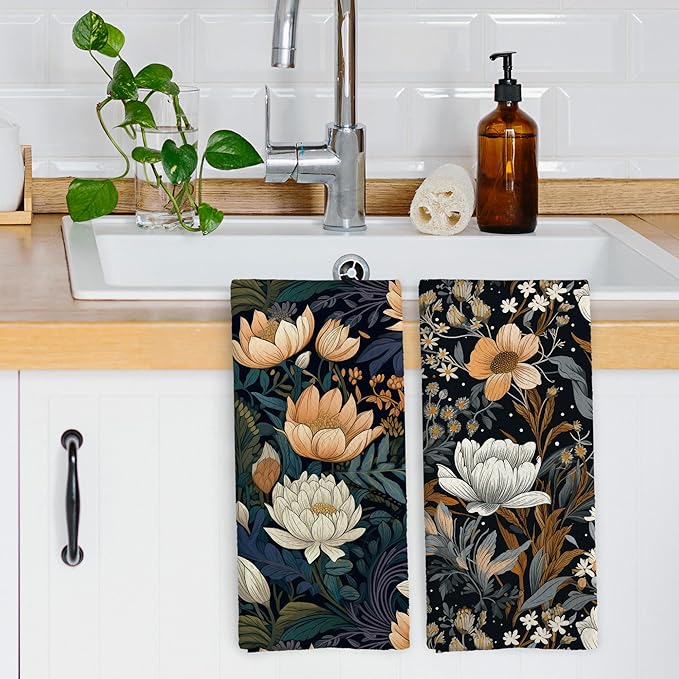 Retro Boho Floral Decor Kitchen Dish Towels Set of 2, Vintage Bohemian Flower Decor for Kitchen Bathroom, Botanical Black Landscape Hand Towels Tea Towels Farmhouse Decorations, 16x24inch