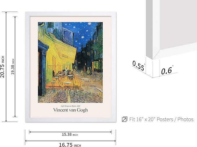 Monem Art Vintage Van Gogh Poster - Retro Impressionist Print - Cafe Terrace at Night, Arles, Stars, Aesthetic - Gift for Artist, Friend - Wall Decor for Home, Office, 16x20 White Framed