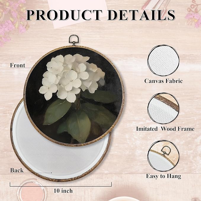 FUGWN Vintage Hydrangea Floral Round Wall Art Decor Framed, Dark Cottagecore White Hydrangea Floral Canvas Artwork Prints, Flower Wall Hanging Decorations for Home Bedroom Living Room, 10x10 Inch