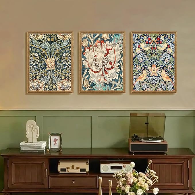 Fantasy Artists 3 piece Framed William Morris Wall Art Vintage Botanical Floral Art Wall Decor Painting Farmhouse Artwork Aesthetic Posters Prints for Living Room Bedroom Bathroom 12x16 inches