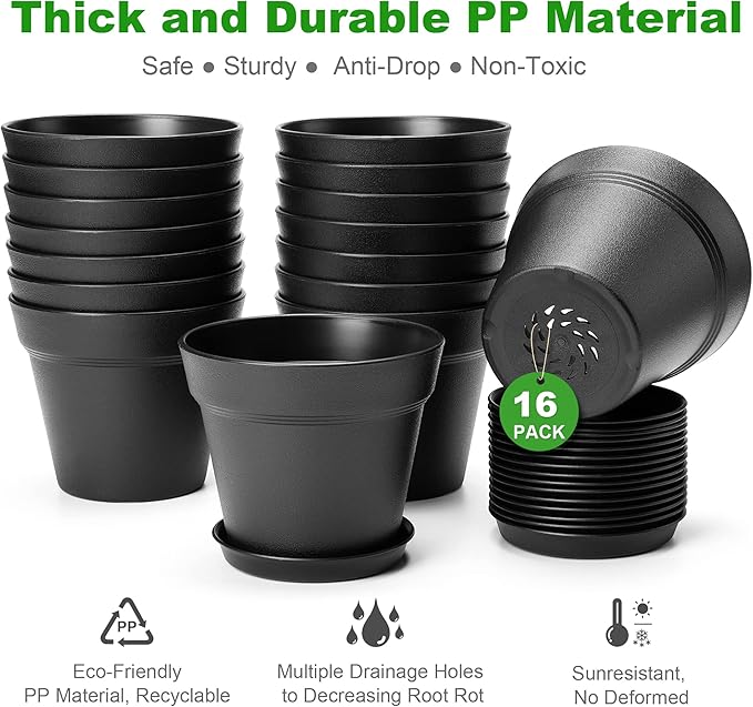 16 Pack Plastic Plant Pots with Drainage Holes and Tray, 4 inch Thickened Indoor Planters Seedlings Nursery Pots for Flowers, African Violet, Succulent and All House Plants, Black