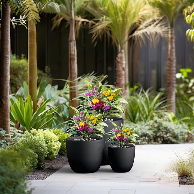 Kante 18",14",10" Dia Concrete Round Planters (Set of 3), Outdoor Indoor Large Planter Pots with Drainage Hole and Rubber Plug for Home Patio Garden, Black