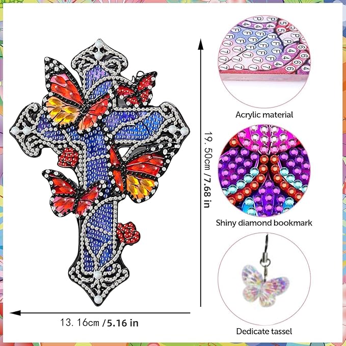 Puraikcmi 4 PCS Cross Diamond Art Bookmarks,Religious Christian Diamond Paintings Bookmarks Kits with Tassels,Special Shape Crafts Decoration Gift Set for Book Lovers Beginners Adults