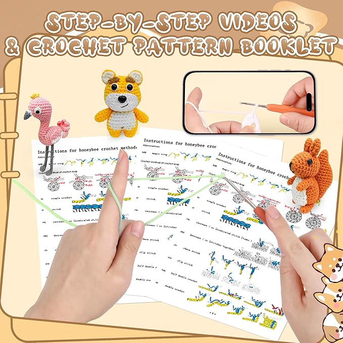 FHFTHYH 6Pcs Crochet Kit for Beginners, DIY Craft for Adults and Kids, Great Gift for Crochet Lovers, Crocheting Animal Kits with Step by Step Videos,Yarn,Crochet Hook,Birthday Holiday Gift