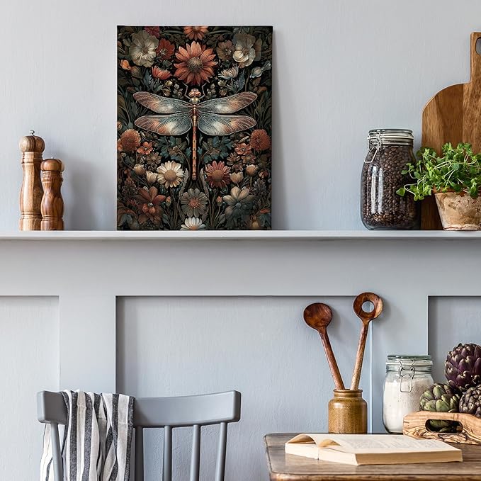 PHAMTE Vintage Floral Dragonfly Wall Art Decor Canvas 11x14, Dark Cottagecore Flower Botanical Dragonfly Pictures Decorations, Wildflower Insect Framed Prints Artwork for Home Bedroom Room Decor
