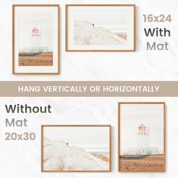 20x30 Poster Frame, USA-Sourced Natural Cherry Wood Picture Collage Frame with HD Tempered Glass, Modern Simple 20 x 30 Wooden Photo Frame Matted to 16x24, Vertical & Horizontal Wall Hanging Display