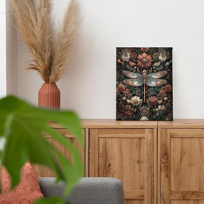 PHAMTE Vintage Floral Dragonfly Wall Art Decor Canvas 11x14, Dark Cottagecore Flower Botanical Dragonfly Pictures Decorations, Wildflower Insect Framed Prints Artwork for Home Bedroom Room Decor
