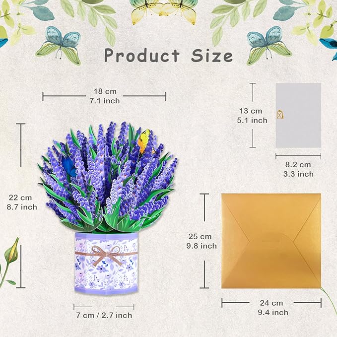 Lavender Bouquet Pop Up Card, 3D Flower Greeting Card with Envelope for Any Occasion, Birthday, Mother's Day, Anniversary, Valentines Day, Foldable Flower Cards for Wife or Friends