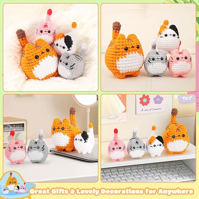 Crochet Kit for Beginners-4PCS Cat Crochet Kits for Adults, Crochet Starter Kit with Step-by-Step Video Tutorials, Crochet Animals Kits DIY Craft Knitting Kit Learn to Crochet Kits for Adults
