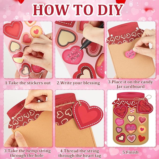 30 Sets Valentines Day Gift Cards Mason Jar Valentine Love Candy Jar Craft Kit with Heart Stickers Make Your Own Paper Greeting Card Decor Exchange Gift for Kids Mom Adults School Classroom Activity